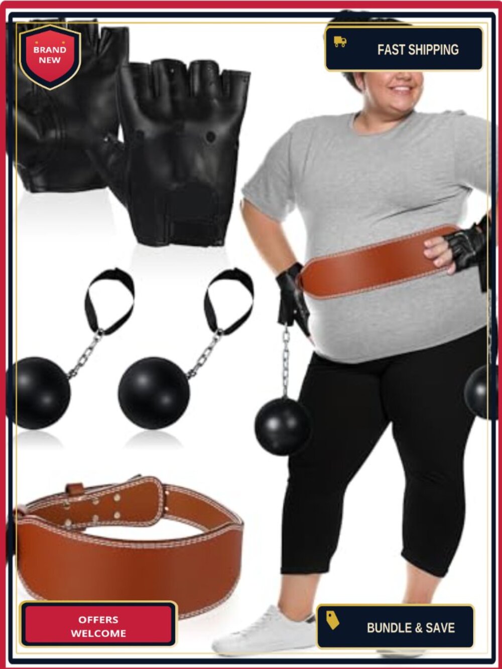 4 Piece Prisoner Costume Accessory Set PVC Belt Fingerless Gloves Chain Props